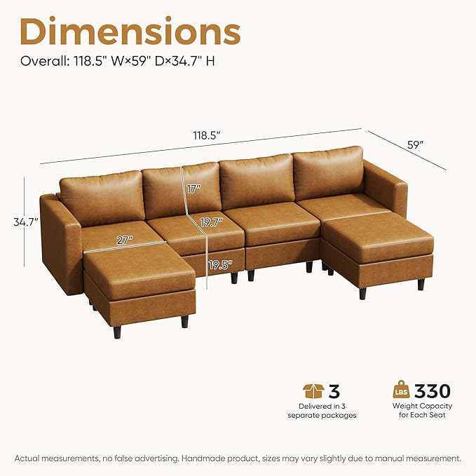 ABCASA 118.5 Faux Leather Modular Sectional Sofa 6 Seater U Shaped Couch with Movable Ottoman and Storage Seat with Reversible Chaise Deep Seat for Living Room Brown