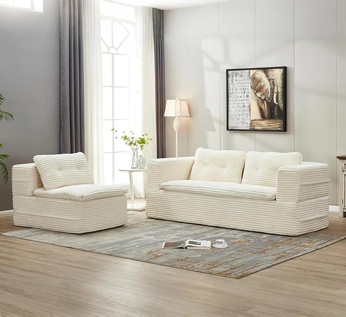 Sleeper Sofa with Chaise Lounge Convertible Sectional Couch Bed Plush Corduroy 3-Seat Sofa with Blanket Deep Seat King Size Sleeper for Small Apartment No Assembly Required (White)
