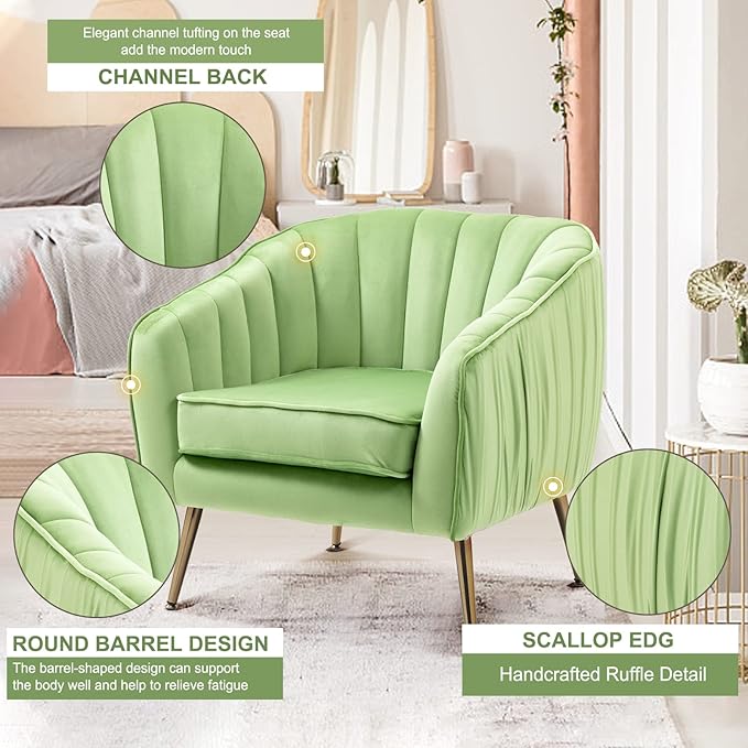 Velvet Accent Sofa Chair with Ottoman Comfy Living Room Chairs with Adjustable Legs Modern Upholstered Tufted Lounge Barrel Chair Ottoman Set for Bedroom Home Office (Grass Green)