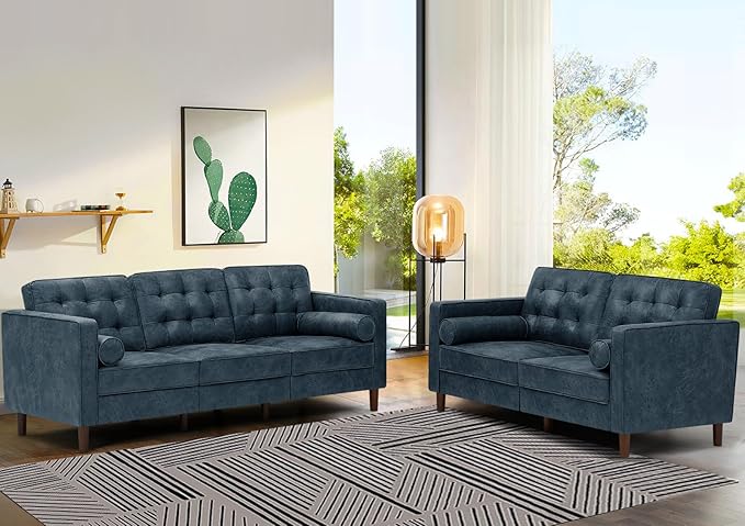 84 Suede Leather Sofa with 2 Soft Pillows Tufted Modern Sofa with Sturdy Wooden Legs 3 Seats Couch for Living Room Office Bedroom Blue