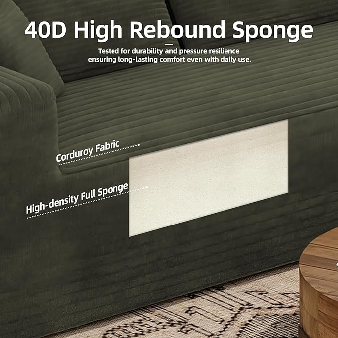 108” Boneless Couches for Living Room L-Shape Modular Sectional Sofa Couches High Rebound Sponge Comfy Fluffy Corduroy Cloud Couch with Oversized Chaise and Deep Seat (Olive Green)