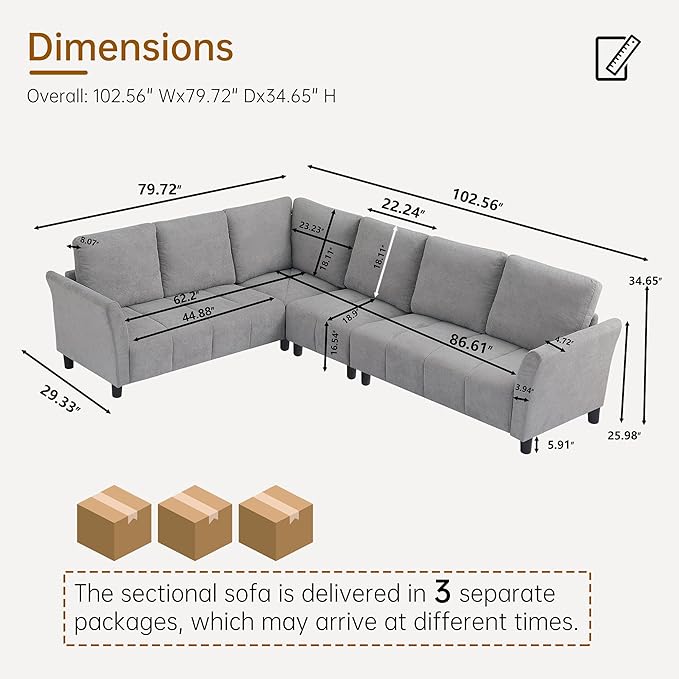 Convertible Sectional Sofa L Shaped Couch with Removable Washable Covers 6 Seat Sofa Couch with Friendly Fabrics Modern Corner Sofa for Living Room Apartment Office Light Grey