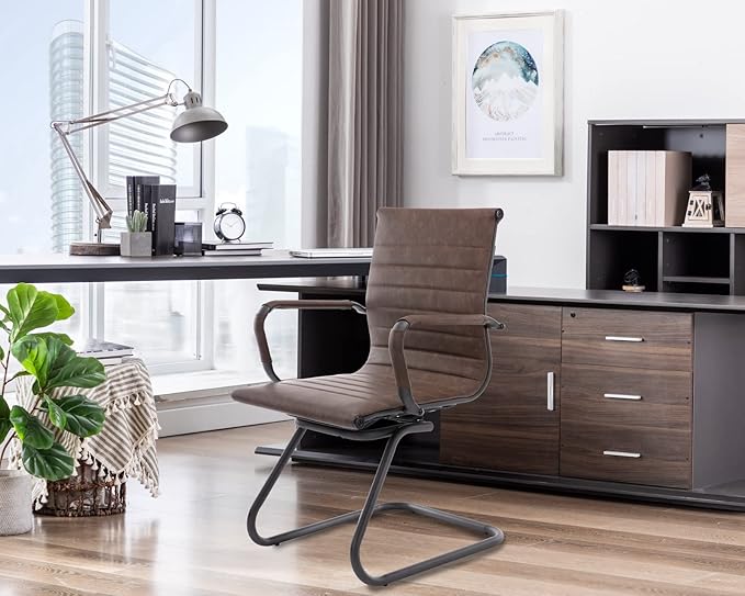 CIMOTA Waiting Room Chairs Set of 8 Leather Office Guest Chair Mid Back Reception Chairs with Sled Base for Meeting/Patient/Conference Room Retro Brown 8PCS