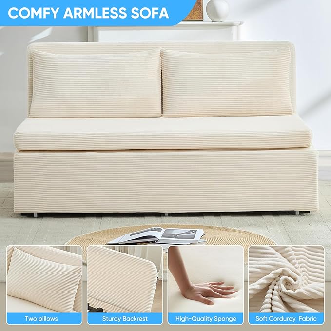 Mjkone 64 Width Sofa Bed Queen Size with Pull Out Couch Beds 2-in-1 Modern Corduroy Living Room Pull Out Sleeper Sofa Bed Couch with Cushions and Throw Pillows for Apartment Home Office Beige
