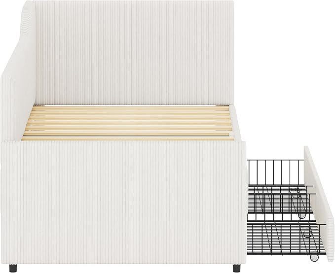 Twin Size Daybed L-Shaped Modern Corduroy Upholstered Sofa Day Bed Frame with Storage Drawers for Living Room Bedroom Guest Room No Box Spring Needed (Beige)