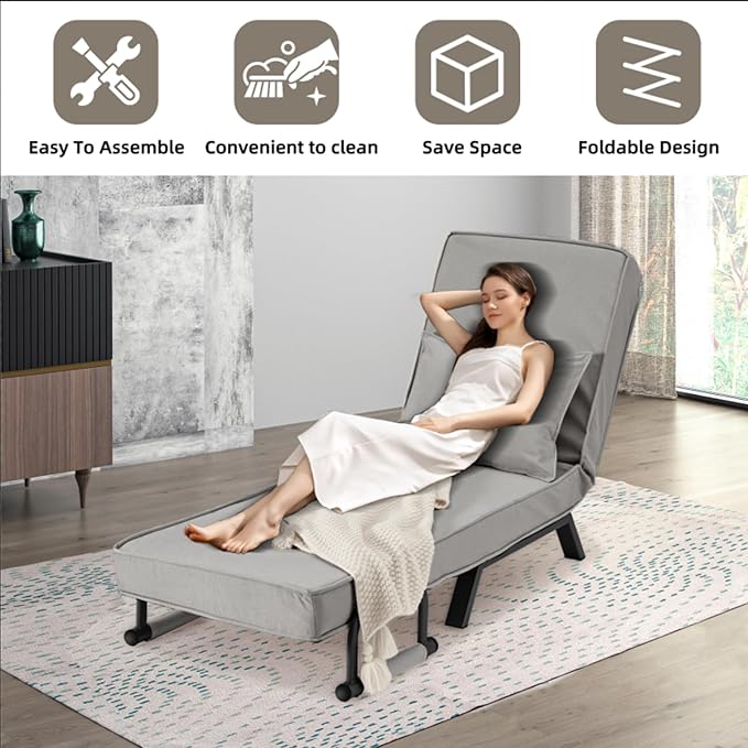 Convertible Sofa Bed Sleeper ChairSingle Person Chaise Lounge Couch with PillowUpholstered Lazy Bed with 6 Angles Adjustable BackrestFolding Sofa Arm Chair for Apartment/Office/Home (Light Gray)