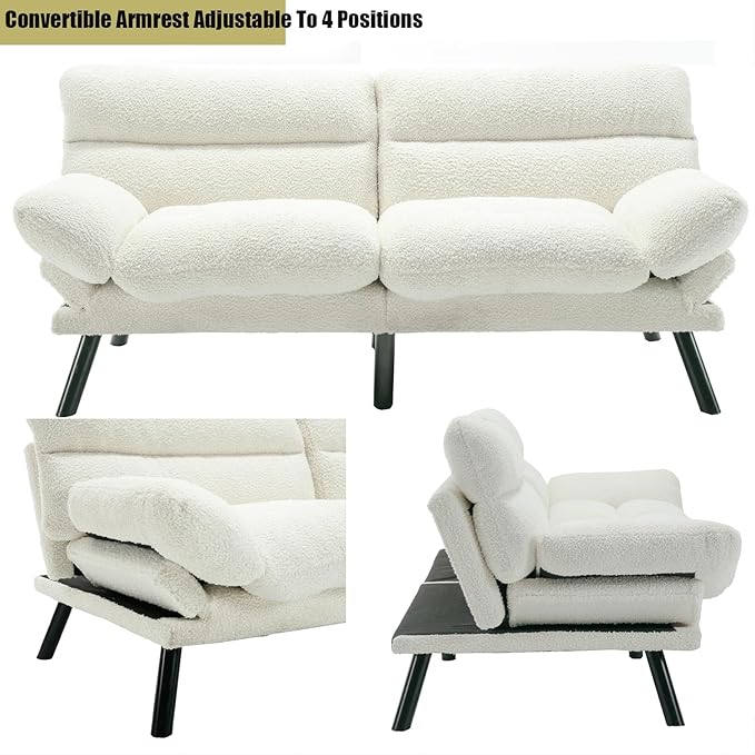 Modern White Teddy Convertible Folding Futon Couch Sofa Bed Adjustable Pillow Top Arm Memory Foam Couch Double Loveseat Sofa for Compact Living SpaceDormGame StudioApartmentBedroom (White Teddy)