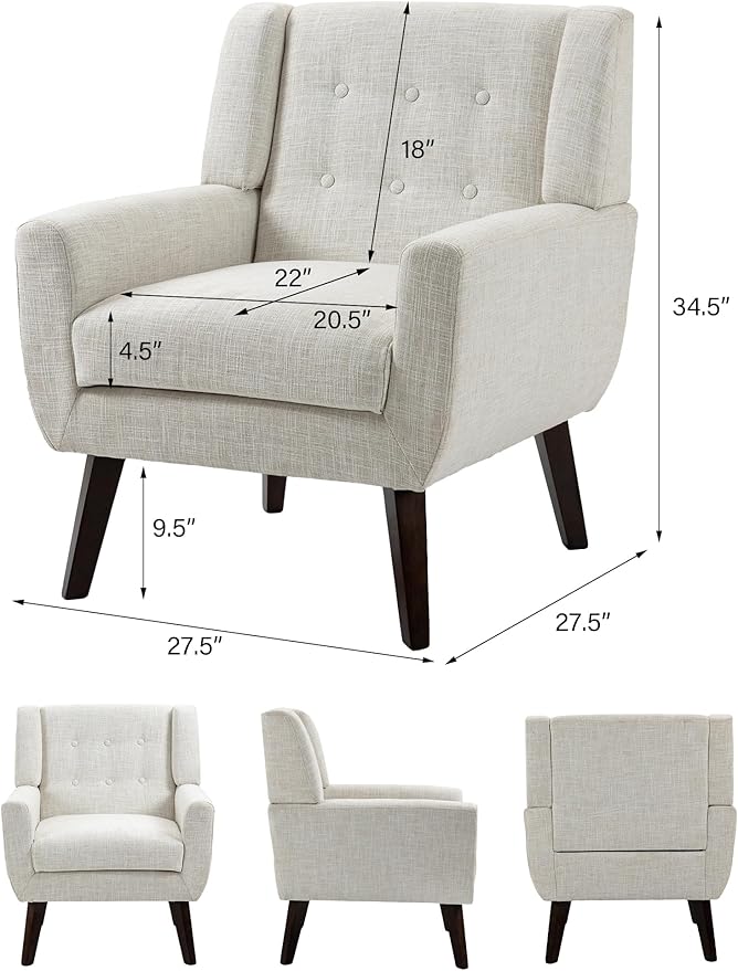 Accent Chair Mid-Century Modern Fabric Chairs with Arms for Living Room Comfy Upholstered Club Single Sofa Armchair for Bedroom Waiting Room with Solid Wood Frame