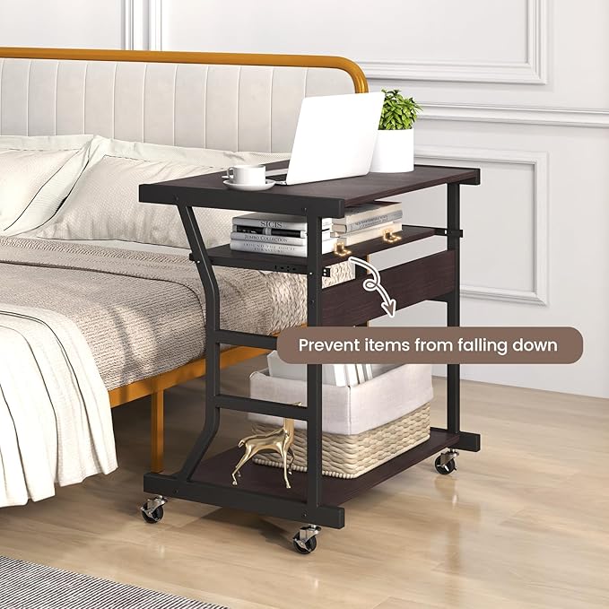 Tangkula Mobile Computer Desk with Keyboard Tray Portable Small Rolling Desk with Mouse Tray &amp Bottom Storage Shelf Rolling Laptop PC Desk Cart with Lockable Wheels for Small Space (Brown)