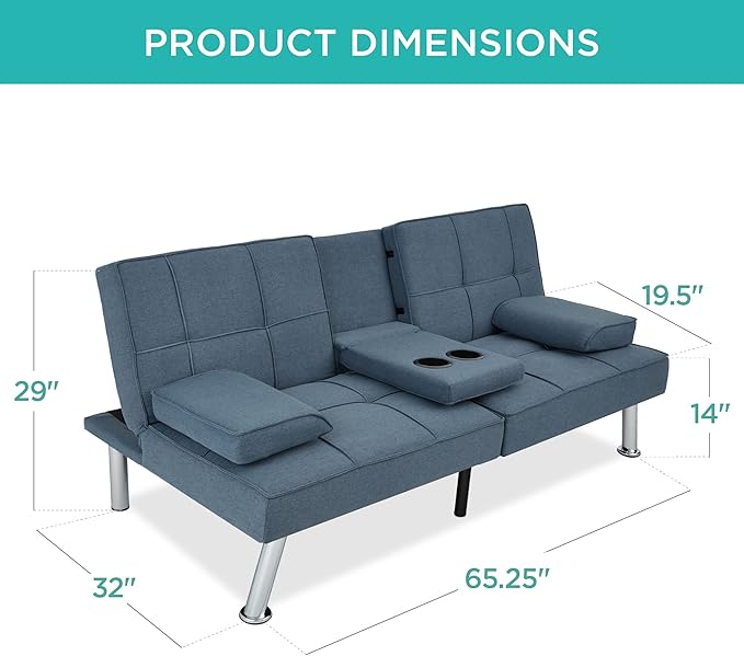 Best Choice Products Linen Modern Folding Futon Reclining Sofa Bed for Apartment Dorm w/Removable Armrests 2 Cupholders - Blue