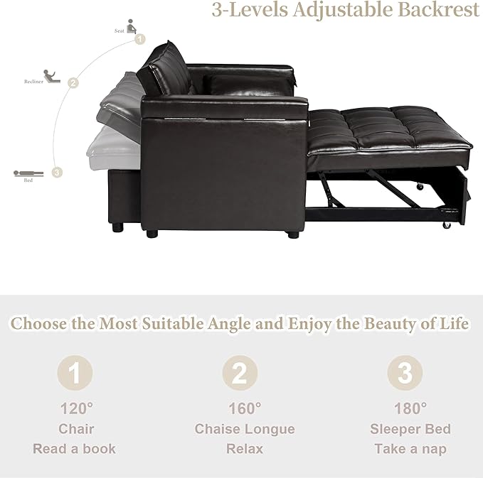 LEVNARY PU Leather Small Convertible Sleeper Sofa 3 in 1 Multi-Functional Pull Out Sofa Bed Upholstered Couch Loveseat Guest Bed with Hidden Table and Adjustable Backrest for Living Room (Black)