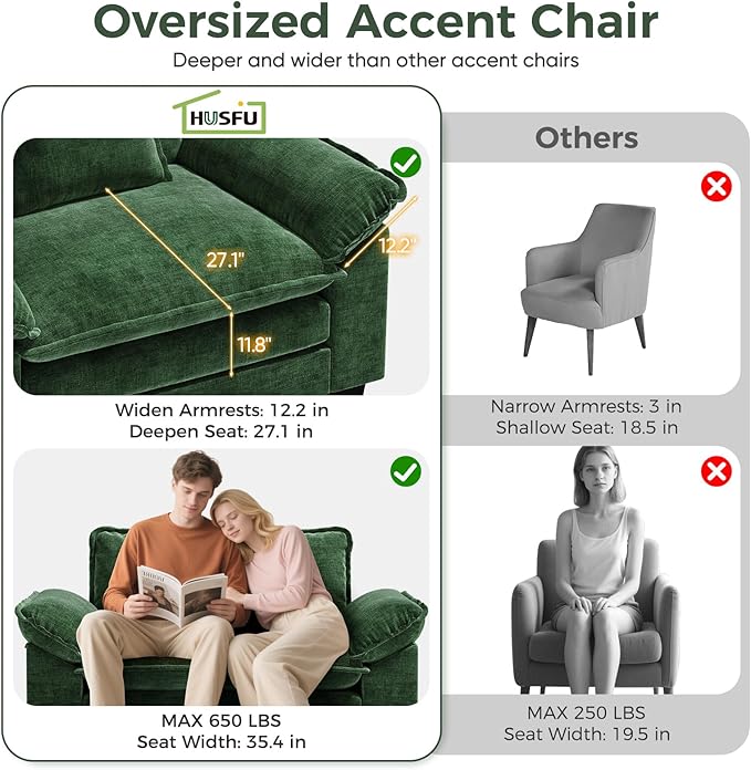 HUSFU 49.5'' W Oversized Accent Chair Chenille Cloud Sofa Chair with Deep Seat and Extra Wide Armrests Comfy Reading Armchair for Bedroom Living Room Set of 2 Green