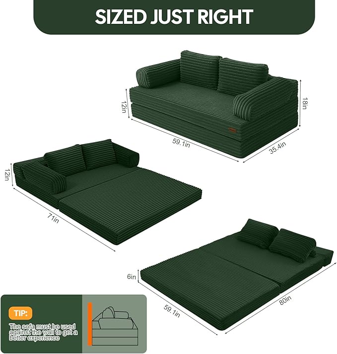 MeMoreCool Convertible Sofa Bed Folding Floor Couch Bed Queen Pull Out Sleeper Couch with Pillows Fold Out Futon Sofa for Bedroom Living Room Small Space Corduroy Beige