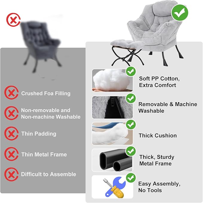Lazy Chair with Ottoman Modern Accent Chair with Armrests and a Side Pocket Plush Grey Accent Chairs Reading Chairs Oversized Armchairs for Bedroom Study Living Room Courtyard