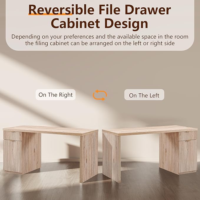 JXQTLINGMU 60 Modern Executive Desk with Storage Wood Home Office Desk with Drawer &amp Cabinet Fluted Computer Writing Desk for Study Living Room Bedroom Oak