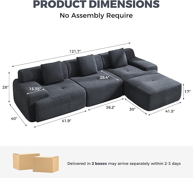 L-Shaped Boneless Modular Sectional Sofa 122 Modern Corduroy Upholstery Couches for Living Room Oversized 3-Seater Cloud Couch with Deep Seat and Movable Ottoman No Assembly Dark Grey