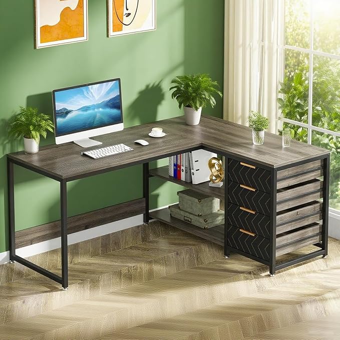 59-Inch Reversible L-Shaped Desk with Drawers &amp Shelves Corner Computer Desk Workstation for Home Office Grey