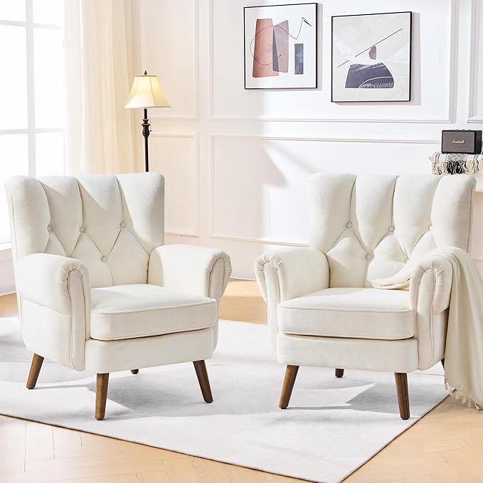 Chenille Wingback Accent Chairs Set of 2 Mid-Century Modern Living Room Armchair with Removable Cushions High Wingback Reading Chair Upholstered Comfy Chair for Living Room BedroomBeige