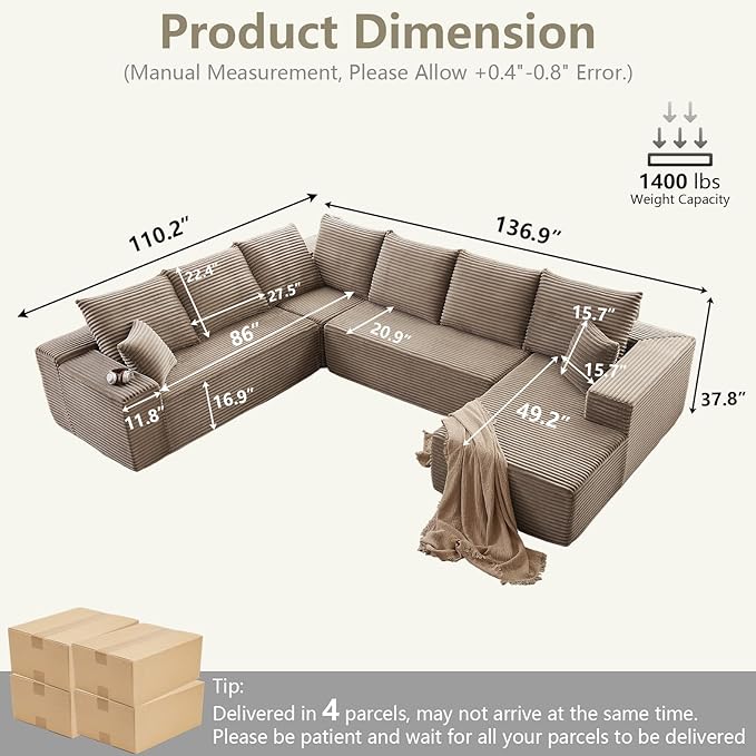 Sectional Cloud Couch with L-Shape Chaise Modern Modular Comfy Sofa with Deep Seat Upholstered Corduroy Couches Stupendous U Shaped Sofas for Living Room Bedroom No Assembly Required Camel