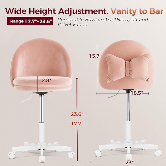 COMHOMA Vanity Chair with Velvet Fabric Small Tall Armless Chair with Back Cute Candy Chair for Girls Gift Living Room/Makeup Room/Bedroom/Kitchen (Height Use: Adjustable from Desk to Bar Height)