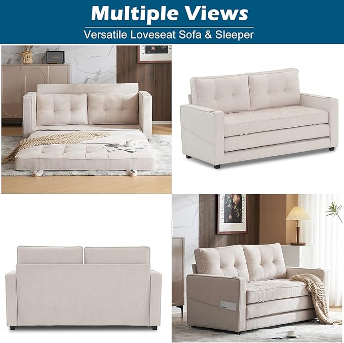 VINGLI Upgraded 64 W 84 L Full Size Futon Sofa Bed 6 Thick Upholstery Chenille Loveseat Sofa Sleeper Pull Out CouchConvertible Floor Couch for Living Room Bedroom Entertainment Room Beige