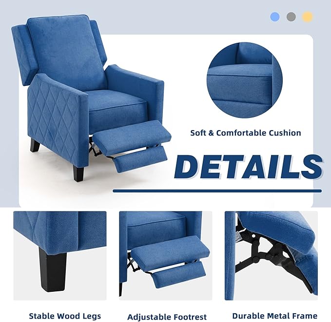 AVAWING Push Back Recliner Chair Wing Back Chairs with Arms Mid-Century Vintage Accent Chair for Living Room Polyester Blue