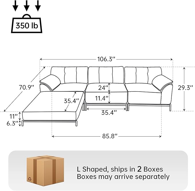 VKNOW 106 Couches for Living Room Modular Sectional Sofa with Wide Armrests and Solid Iron Frame Compressed Couch for Living RoomOfficeChenille FabricL-ShapedBlack
