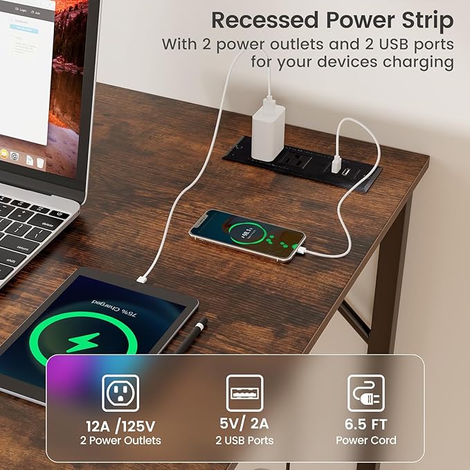 COSTWAY Home Office Desk 32 Inch Computer Desk with Recessed Power Strip Storage Bag &amp Headphone Hook Wide Desktop Modern Computer Workstation Writing Table for Home Office (Rustic Brown + Bl