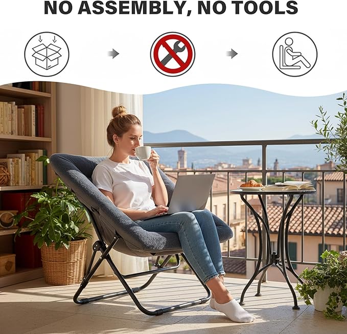 Tiita Comfy Folded Chair Soft Faux Fur Oversized Folding Accent Chair Lazy Chair for Teens Adults Metal Frame Moon Chair for Bedroom Living Room Dorm Rooms