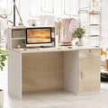 Homsee Modern Reception Desk Counter with Hutch Lockable Drawer &amp 1 Door Cabinet Office Wooden Computer Desk Reception Table White and Brown (55.1”L x 23.6”W x 43.3”H)
