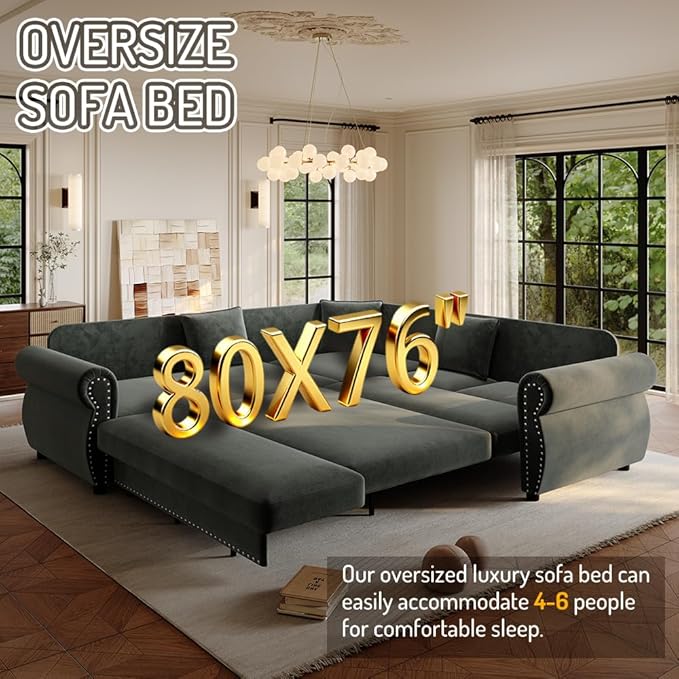 88.2'' Pull Out Couch Convertible Sleeper Sofa Bed Upholstered Sectional Sofa Chenille L-Shaped Couch with Nailhead Trim 4-Seater Modern Sectional Couches for Living Room ApartmentGreen