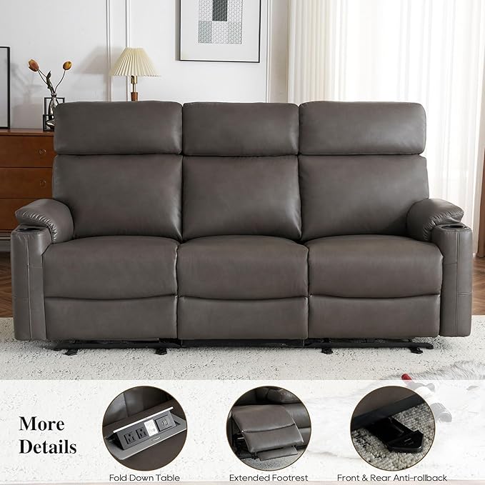 Power Reclining Sofa Electric 3-Seat Dual Recliner Couch with USB Ports Cup Holders Wall Hugger Sofa &amp Couch for Living Room Home Theater Apartment RV (Grey)