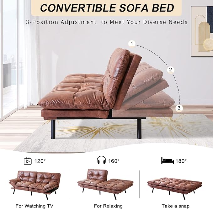 Opoiar Futon Couch Convertible Sofa Bed Memory Foam Faux Leather Brown 3 Seats
