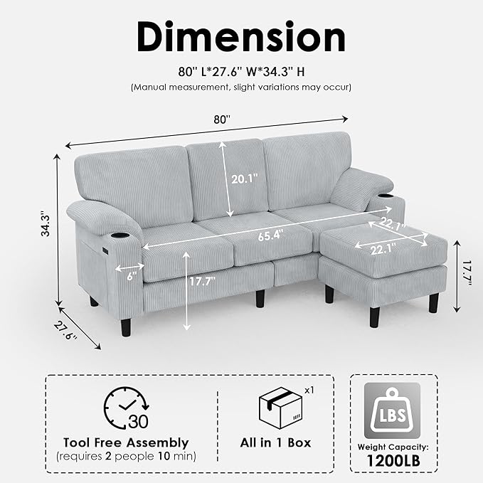 80'' Modular Sectional Sofa 3-Seater L-Shaped Couch with Storage DesignCorduroy Fabric and Movable Ottoman for Living Room Office Apartment LightGray | USB Charging Cup Holders Side Pockets Ar