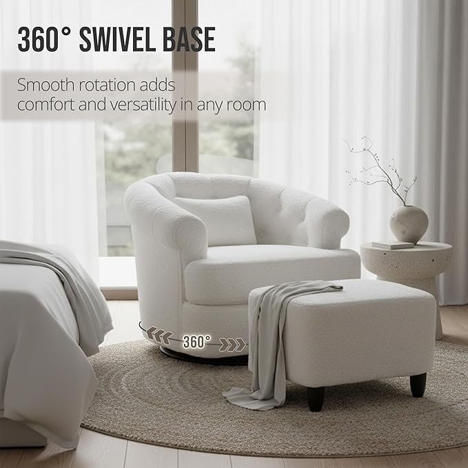 Barrel Swivel Accent Chair - Modern Comfy Boucle Armchair with Ottoman Round Upholstered Sofa Lounge Chairs Set for Living Room Bedroom Reading Corner Small Spaces (Beige)