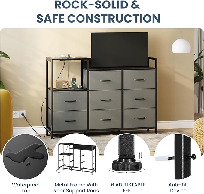 DUMOS TV Stand Dresser with 8 Fabric Drawers &amp Open Shelves TV Stand for Up to 45 inch TV with Wooden Top Entertainment Center with Charging Station for Living Room Hallway Grey