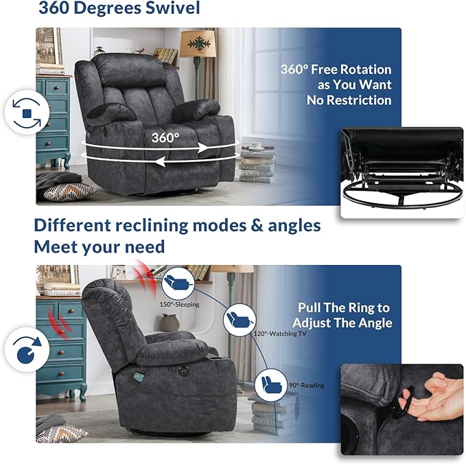 Manual Swivel Glider Rocker Recliner Chair with Heated Massage 360° Swivel Overstuffed Lounge Chair with 2 Cup Holders Side Pockets &amp USB Ports for Living Room Fabric Gray