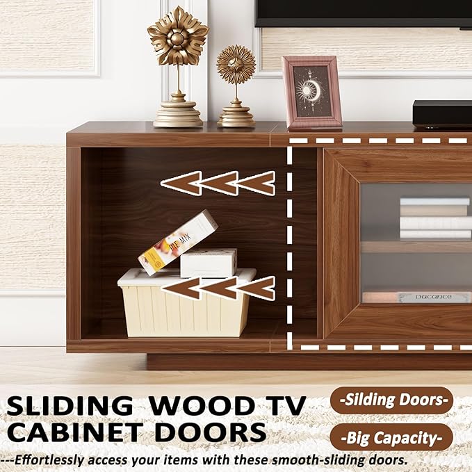 HSH Walnut TV Stand for 60 Inch TVsEntertainment Center with Storage and Sliding DoorsFarmhouse Low Tv Stand Wood for Living RoomMedia Console Cabinet for Bedroom55 Inch