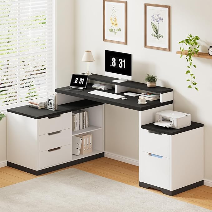 Computer Desk with Drawers White Office Desk with File Drawer 71 Wood Desk with Printer Space &amp Monitor Shelf for Home Office