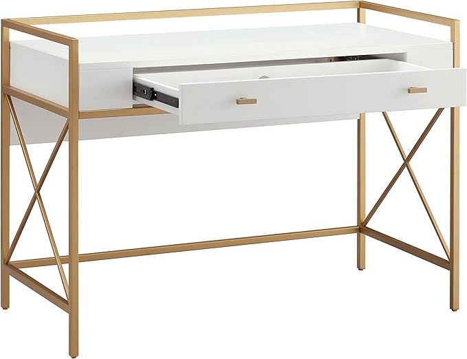Pemberly Row Mixed Wood and Metal Home Office Desk White/Satin Gold Finish 44 x 22 x 32 in Drop Front Keyboard Drawer Adjustable Floor Levelers Modern Computer Desk for Workspace or Study