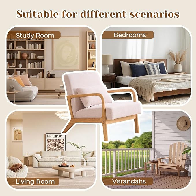 Joysoul Modern Accent Chair - Mid Century Modern Armchair with Waist Cushion &amp Solid Wood Frame Upholstered Lounge Chair for Living Room Bedroom Office(Cream)
