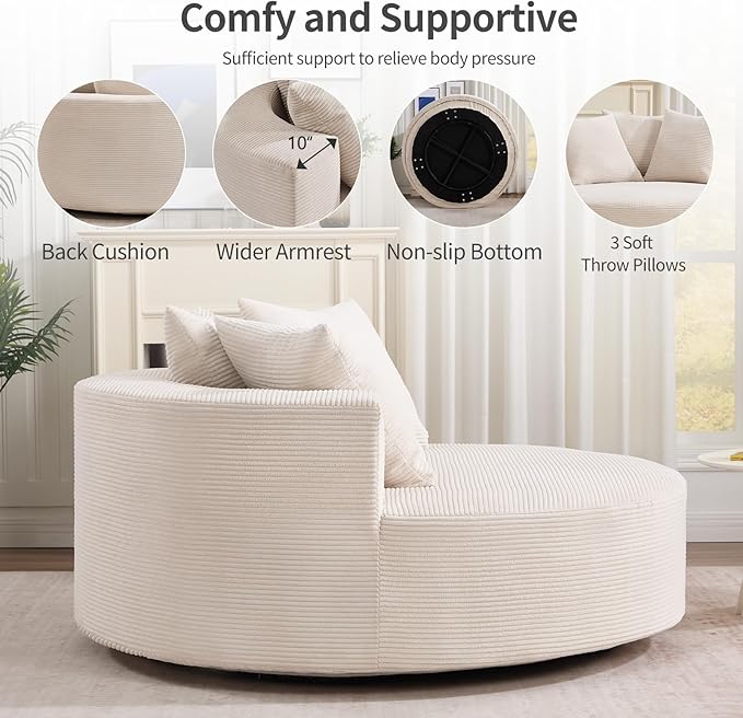 CANMOV Oversized Round Swivel Chaise Longue Chair Indoor Upholstered Corduroy Deep Seat Cloud Large Circle Sofa Chair Modern Single Cloud Sofa Bed for Living Room Bedroom Apartment Office Beige