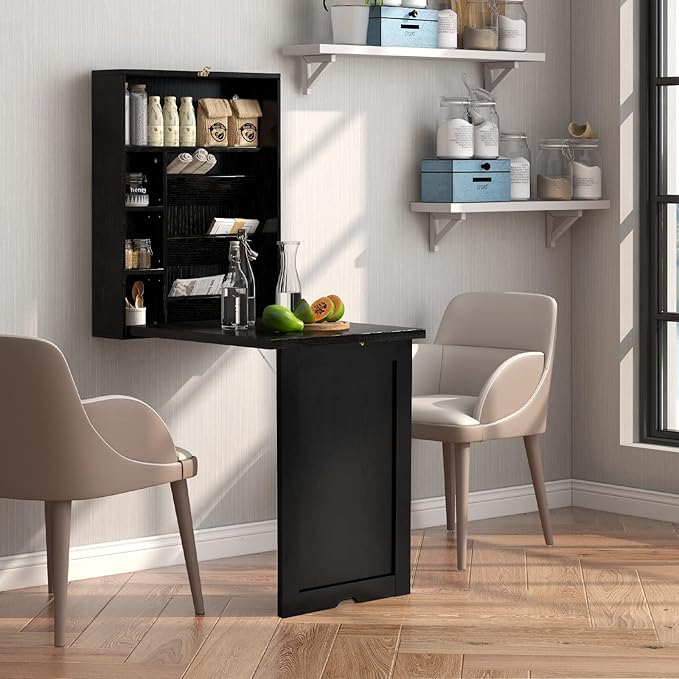 Wall Mounted Desk Fold Out Convertible Desk with Storage Shelves Space Saving Wall Folding Table Home Office Floating Desks for Small Spaces (Black)