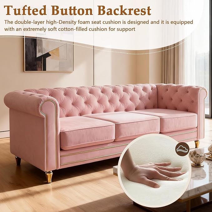 84 Velvet Sofa with Gold Legs Luxury Tufted Couch for Living Room Chesterfield Sofa with Thick Cushion Wide Armrest High-Density Foam Gold Strip Trim (Pink)