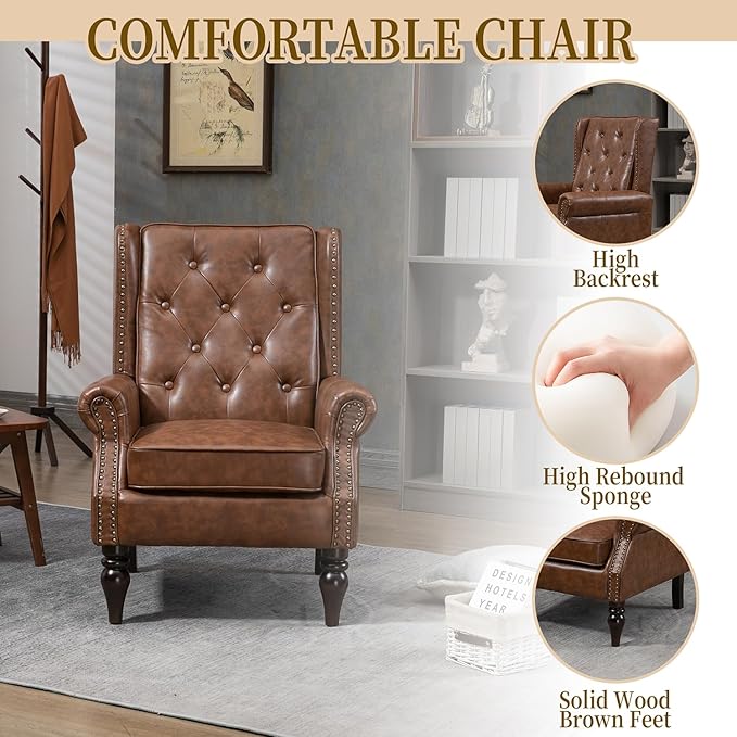 Mid-Century Wingback Chair PU Leather Accent Chair Armchair with ButtonsModern Living Room Chairs with Rivet DecorationLeisure Single Sofa Chair for BedroomClubHome Reception (PU Brown)