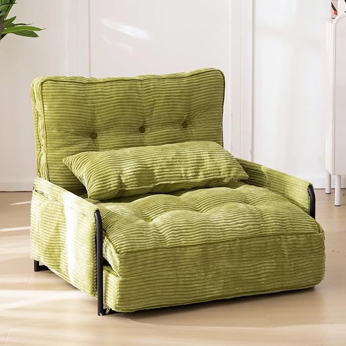 MAXYOYO Adjustable Floor Sofa Couch with Pillow Multi-Functional Bean Bag Bed 5-Position Foldable Lazy Sofa Sleeper Bed with Armrest Versatile Floor Seating for Reading Gaming Green Single