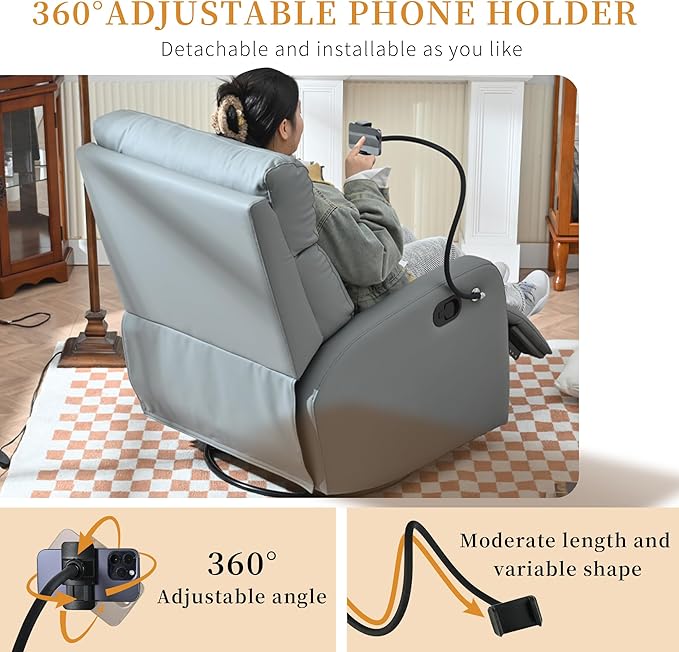 Swivel Rocker Recliner Chair for Nursery Upholstered 360° Leather-air Glider Rocking Chair with Phone Holder Manual Small Recliners for Small Spaces Living Room