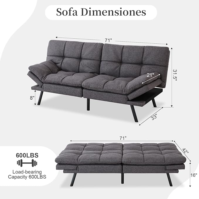 Opoiar Futon Sofa Bed Convertible Memory Foam Couch Bed Modern Sleeper Sofa with Adjustable Armrests&ampBackrests Christmas Futon Sets for Compact Living Spaces Office Dorm Bonus RoomGrey