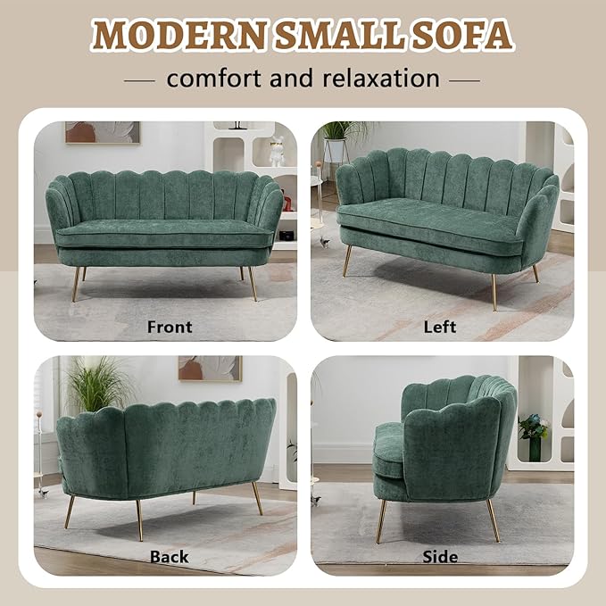 59 Small Loveseat Sofa 2-Seater Modern Chenille Couch with Gold Metal Legs &amp Floral Backrest Compact Apartment Sofa for Living Room Bedroom Office Dorm (Chenille Green)