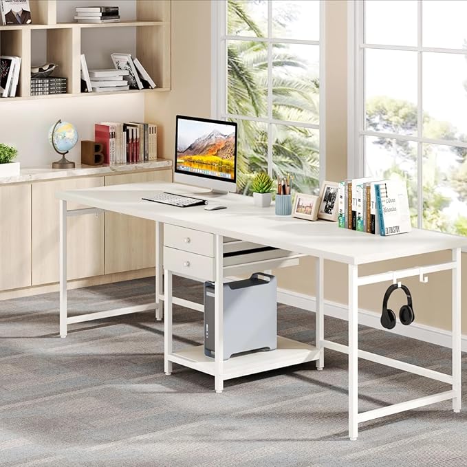 79 2 Person Office Desk with Drawers Double Workstation Desk with Storage Shelf for Two People Two Person Computer Desk with Hooks for Home Office Gaming